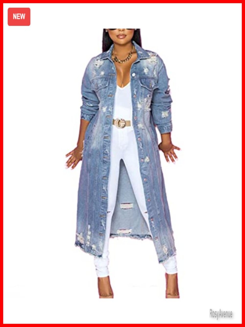 Washed Distressed Ripped Denim Long Trench Coat Jacket - Cotton Blend
